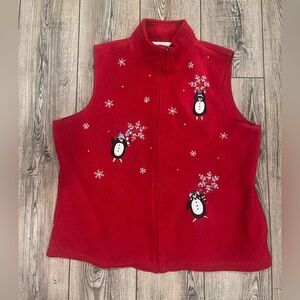 Northern Reflections Vintage Red Fleece Penguin Vest with sparkly beads size XL